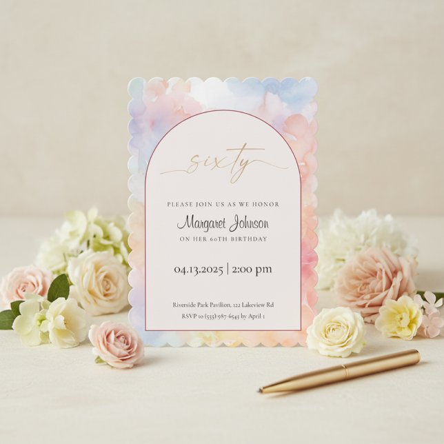 60th Birthday Invitation | Pastel Watercolor Gold  (Elegant pastel watercolor 60th birthday invitation with gold script text and floral background)