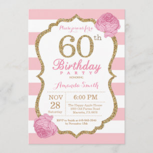 60th Birthday Invitation Pink and Gold Floral
