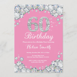 60th Birthday Invitation Pink and Silver Diamond