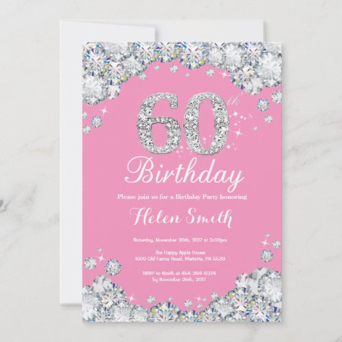 60th Birthday Invitation Pink and Silver Diamond