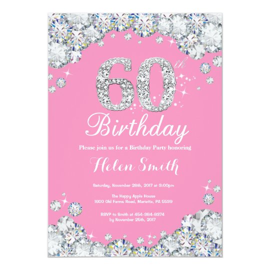 60th Birthday Invitation Pink and Silver Diamond | Zazzle.com