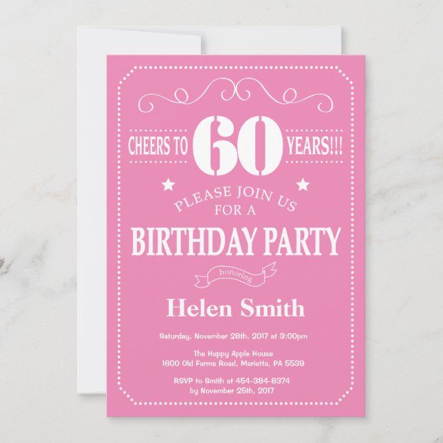 60th Birthday Invitation Pink and White (Front)