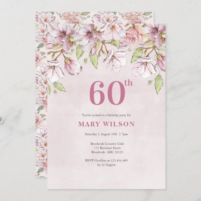 60th Birthday Invitation Pink Floral (Front/Back)