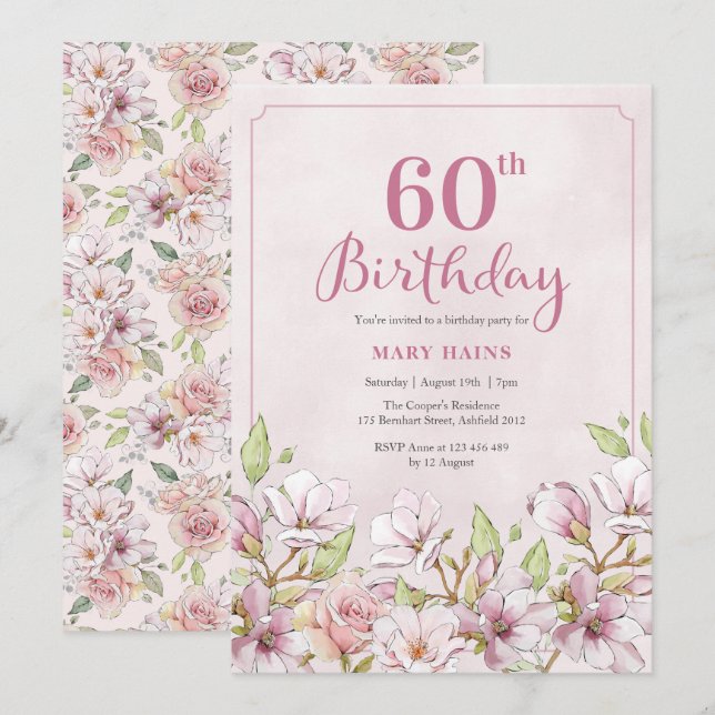 60th Birthday Invitation Pink Floral (Front/Back)