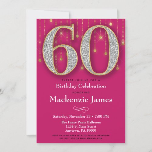 60th Birthday Invitation Pink Gold Diamonds Adult