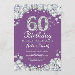 60th Birthday Invitation Purple and Silver Diamond