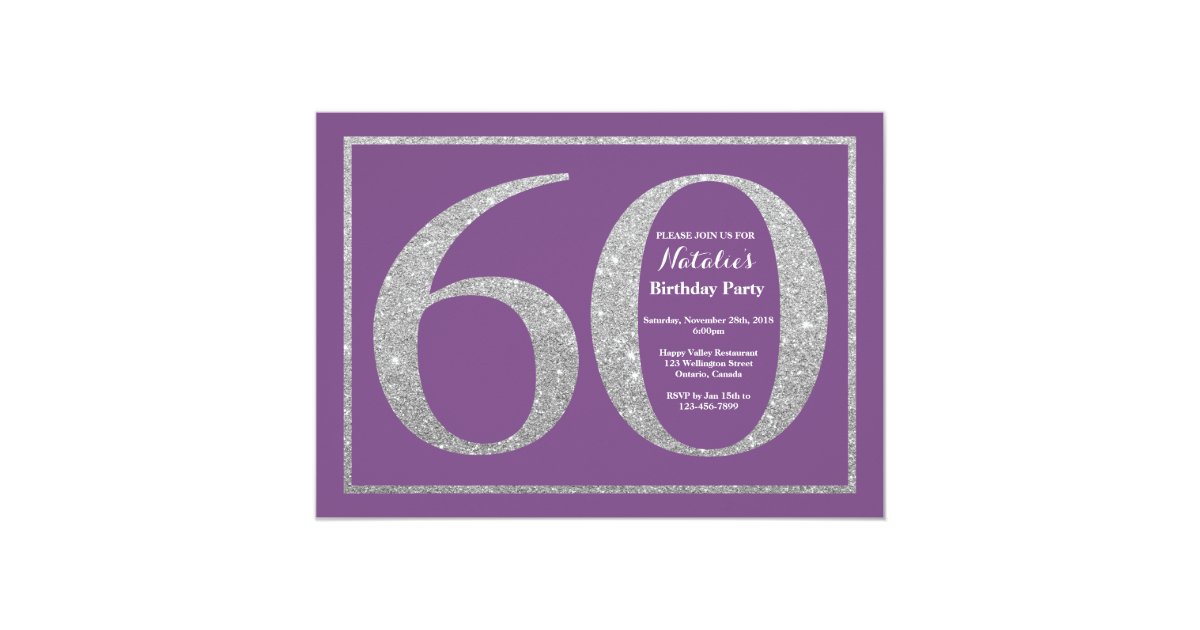 60th Birthday Invitation Purple and Silver Glitter | Zazzle.com