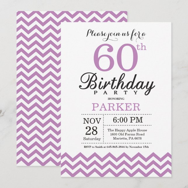 60th Birthday Invitation Purple Chevron (Front/Back)