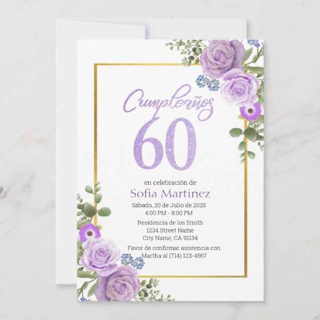 60th Birthday Invitation - Purple Flower Theme  (Front)