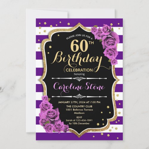 60th Birthday Invitation Purple Gold With Roses