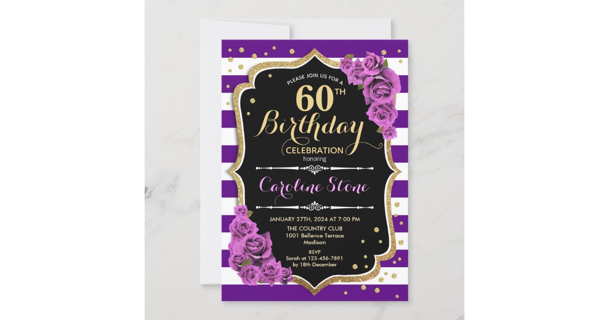 60th Birthday Invitation Purple Gold With Roses | Zazzle