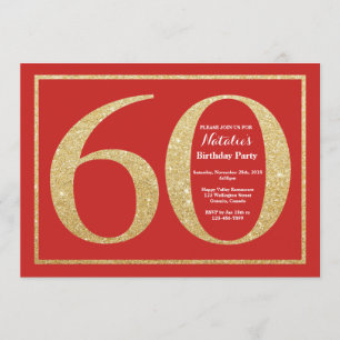 60th Birthday Invitation Red and Gold Glitter