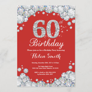 60th Birthday Invitation Red and Silver Diamond