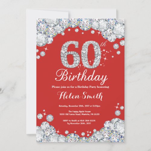 60th Birthday Invitation Red and Silver Diamond