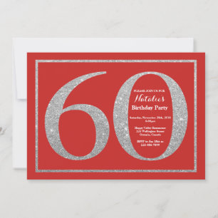 60th Birthday Invitation Red and Silver Glitter