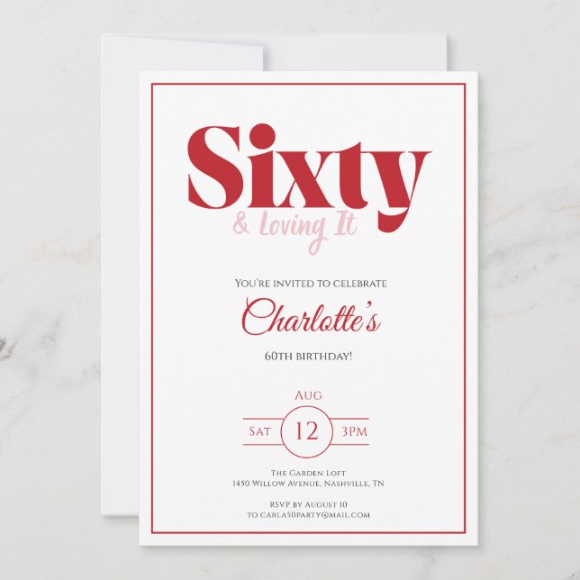 60th Birthday Invitation Red Elegant Typography (Front)