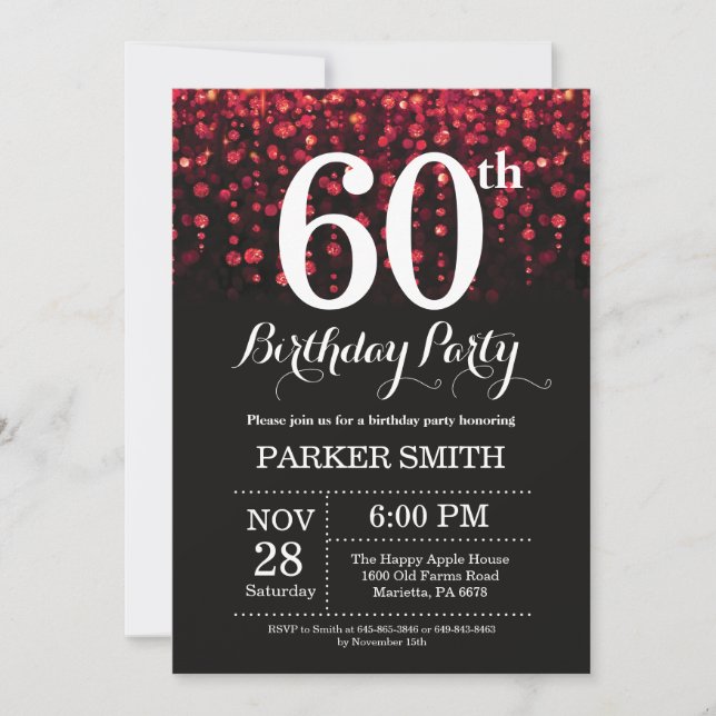 60th Birthday Invitation Red Glitter (Front)