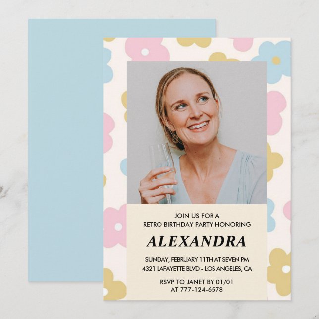 60th birthday invitation Retro Groovy Floral Cute (Front/Back)
