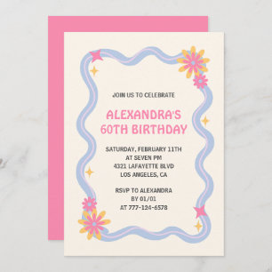 60th birthday invitation Retro Groovy Pink Flowers