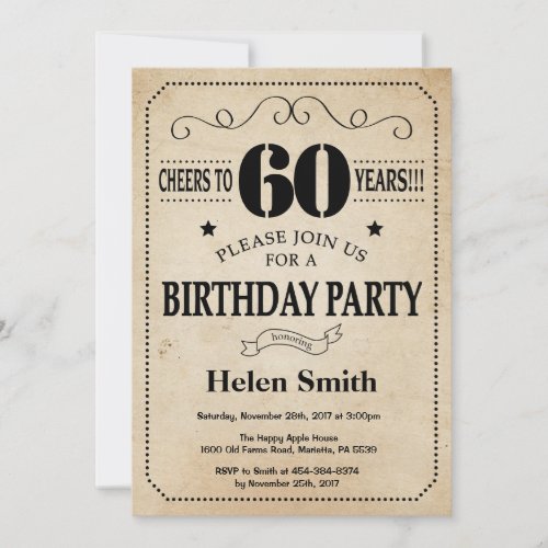 60th Birthday Invitation Rustic Vintage Retro