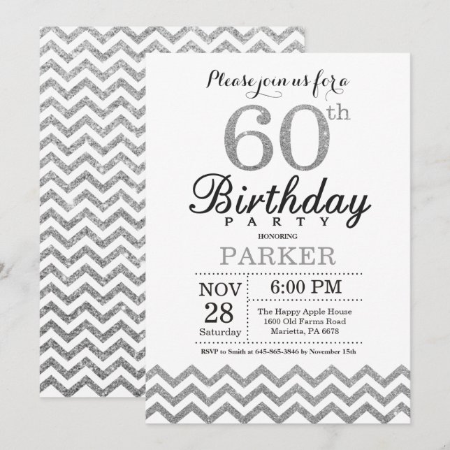 60th Birthday Invitation Silver Glitter (Front/Back)