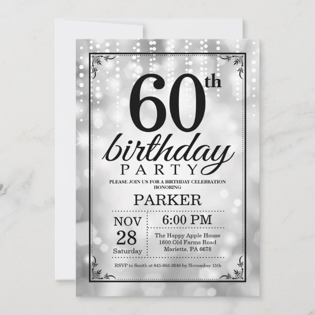 60th Birthday Invitation Silver Glitter (Front)
