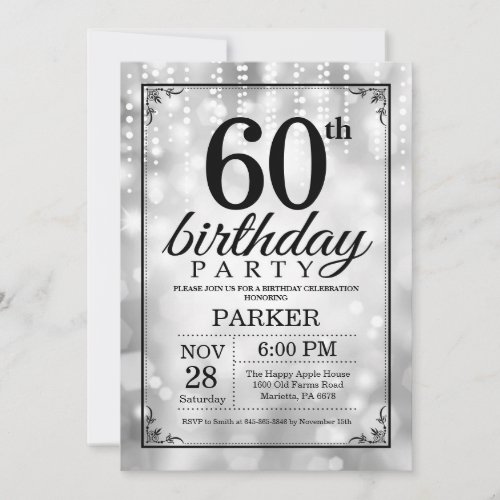 60th Birthday Invitation Silver Glitter