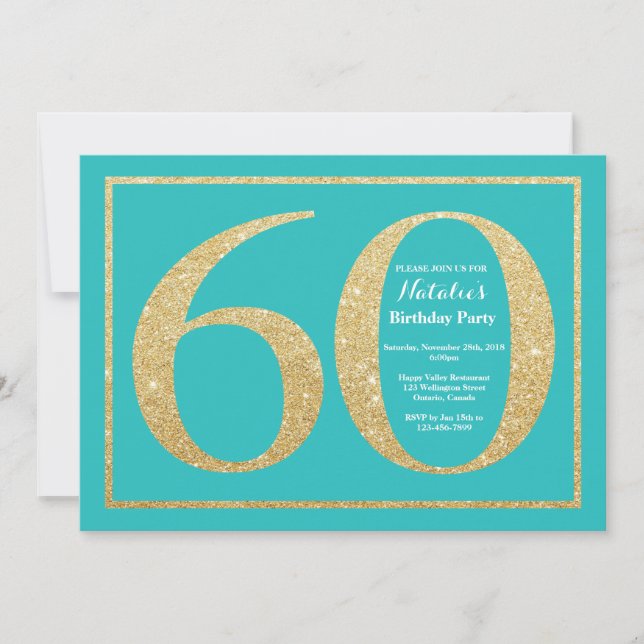 60th Birthday Invitation Teal and Gold Glitter (Front)