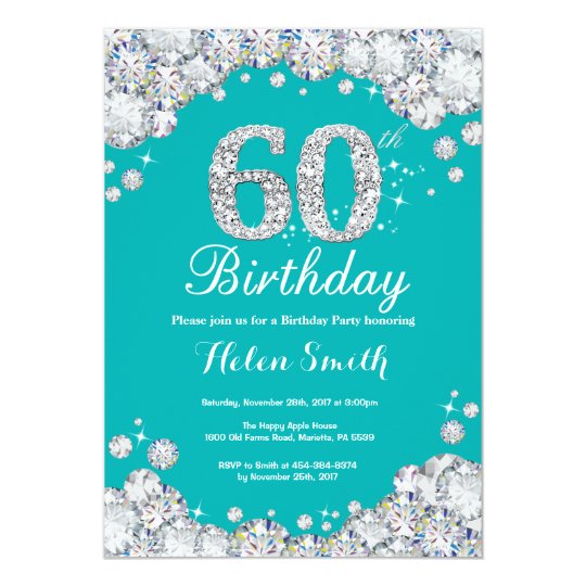 60th Birthday Invitation Teal and Silver Diamond | Zazzle.com