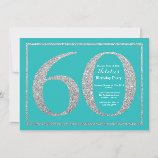 60th Birthday Invitation Teal and Silver Glitter (Front)