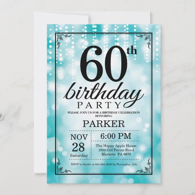 60th Birthday Invitation Teal Glitter (Front)