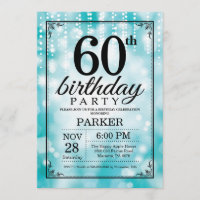 60th Birthday Invitation Teal Glitter