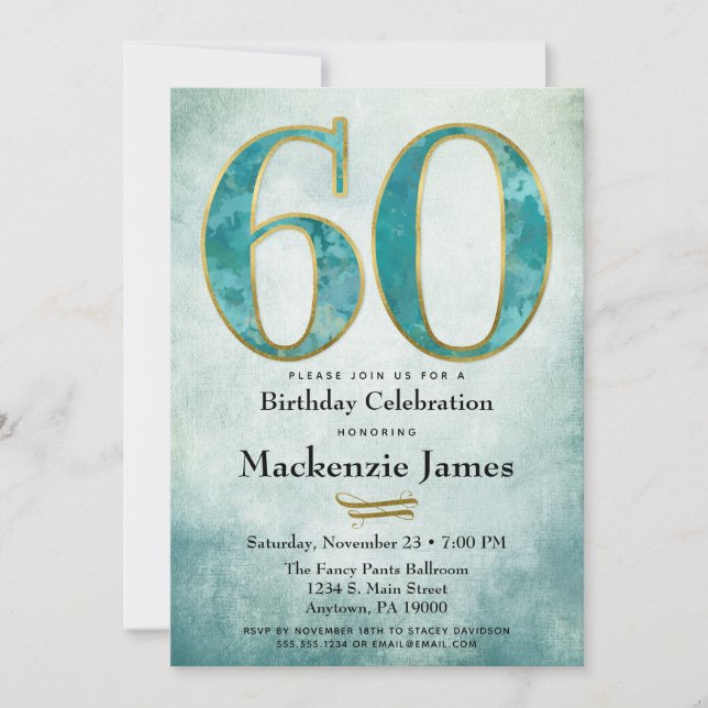 60th Birthday Invitation Turquoise Blue Gold Adult (Front)