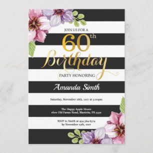 60th Birthday Invitation Women. Floral Gold Black