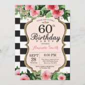60th Birthday Invitation Women. Floral Gold Black (Front/Back)