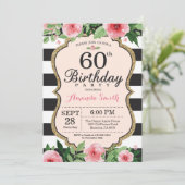 60th Birthday Invitation Women. Floral Gold Black (Standing Front)