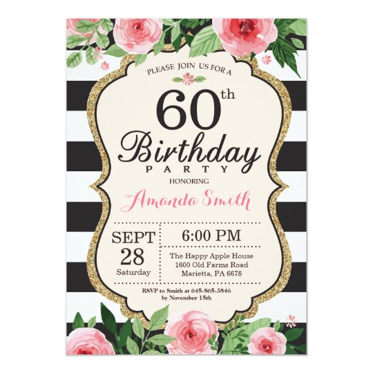 60th birthday invitation women floral gold black zazzle