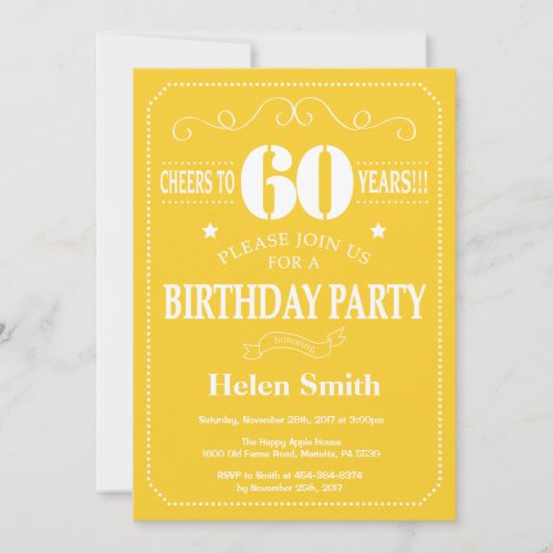 60th Birthday Invitation Yellow and White