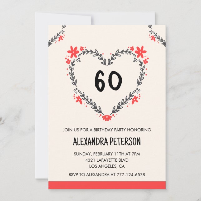 60th birthday invitations for her floral heart (Front)