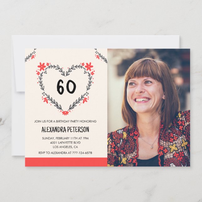 60th birthday invitations for her Floral Heart (Front)