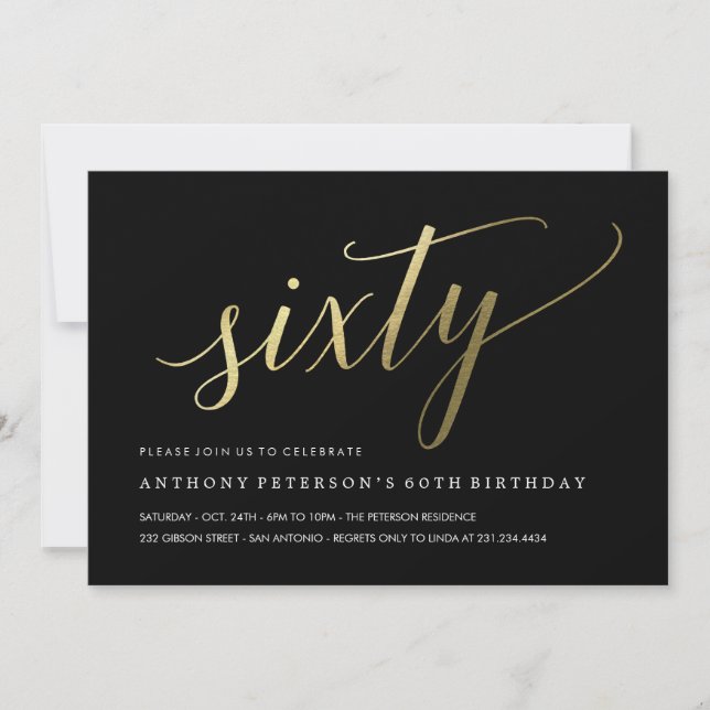 60th Birthday Invitations -  Formal Faux Gold (Front)