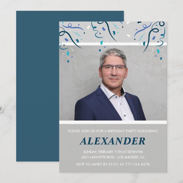 60th birthday invitations Men Confetti Photo Blue (Front/Back)