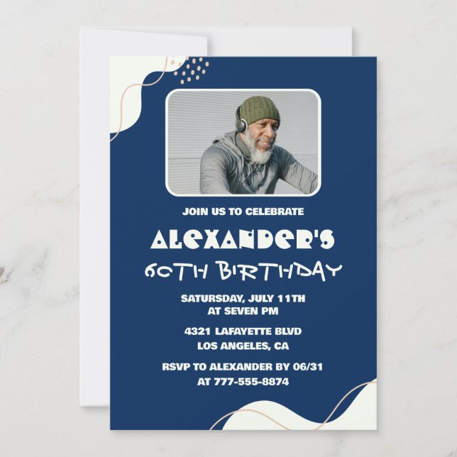 60th birthday invitations Men Photo Simple Blue  (Front)