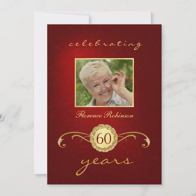 60th Birthday Invitations - Red & Gold Monogram (Front)