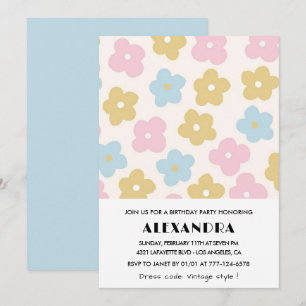 60th birthday invitations Retro Blue Pink Flowers