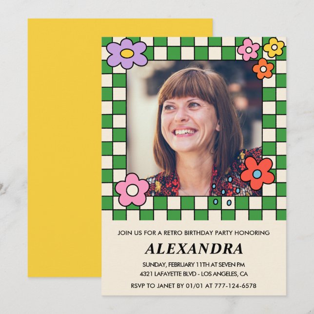 60th birthday invitations Retro Groovy Flowers (Front/Back)