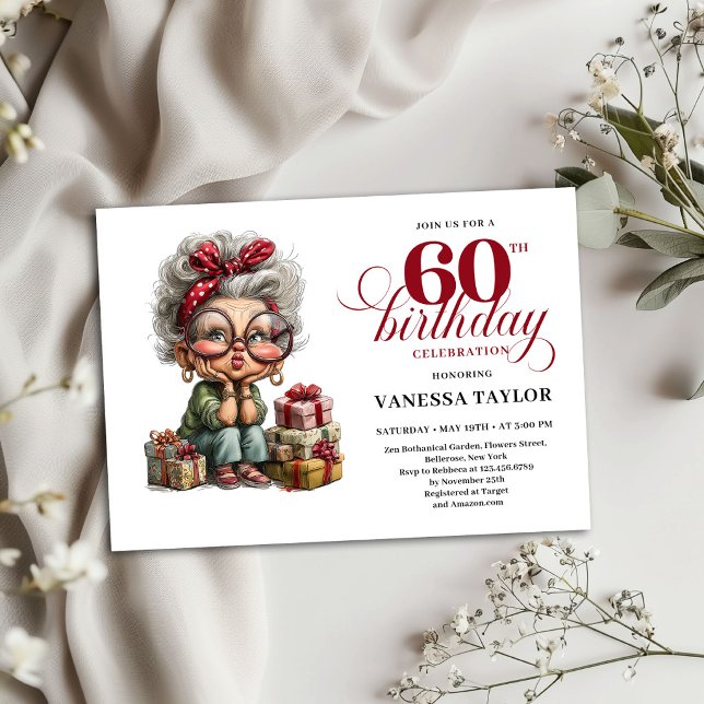 60th Birthday Invite Funny Quirky Old Lady Theme (60th Birthday Invite Funny Quirky Old Lady Theme)