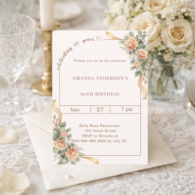 60th birthday ivory cream florals ribbon invitation (Creator Uploaded)
