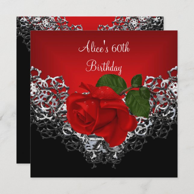 60th Birthday Lace Black Silver Deep RED Rose Invitation (Front/Back)