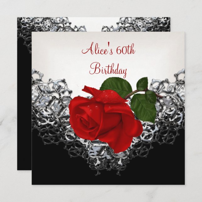 60th Birthday Lace Black White Silver RED Rose Invitation (Front/Back)